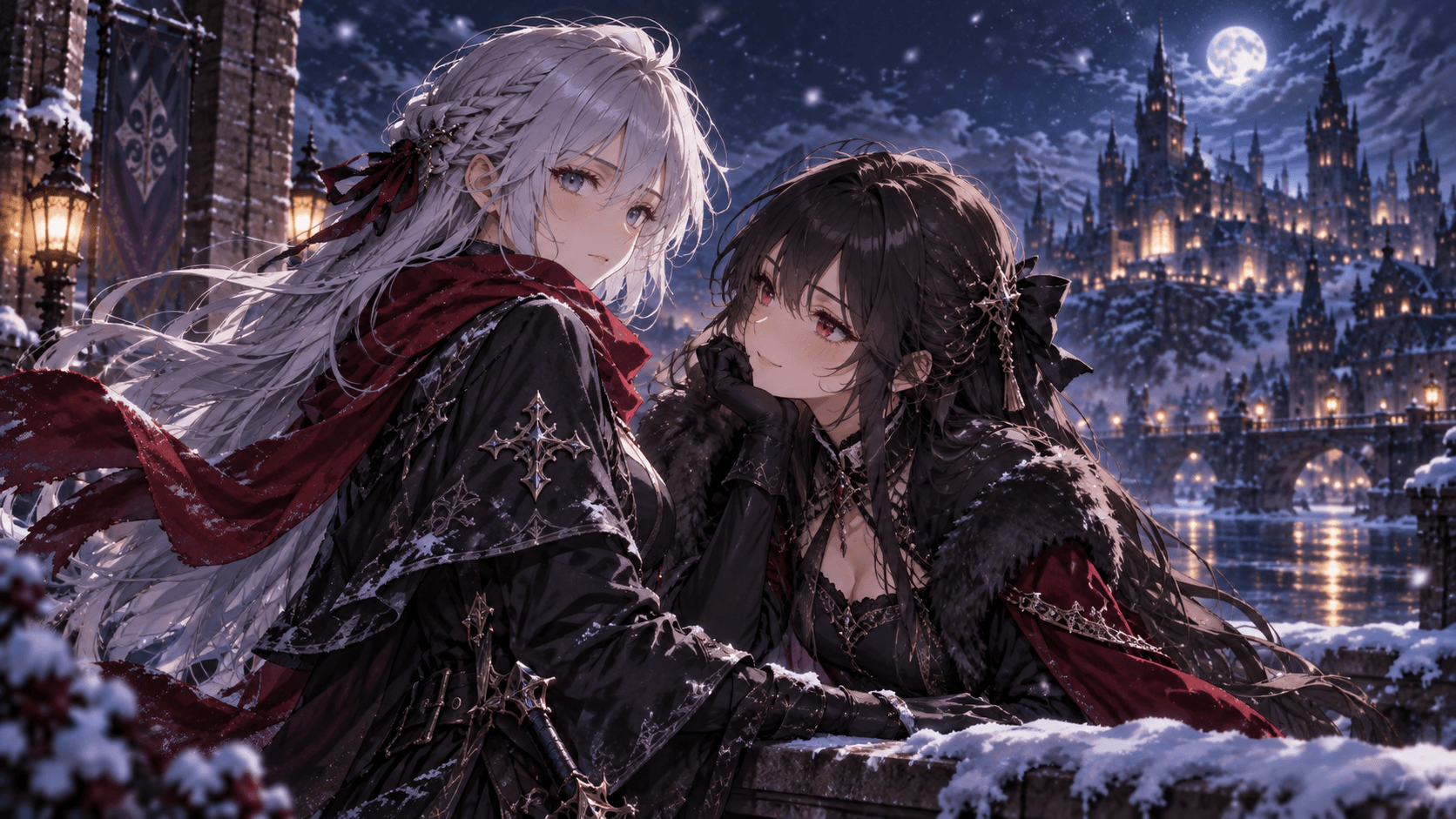 Two anime characters in a snowy city scene