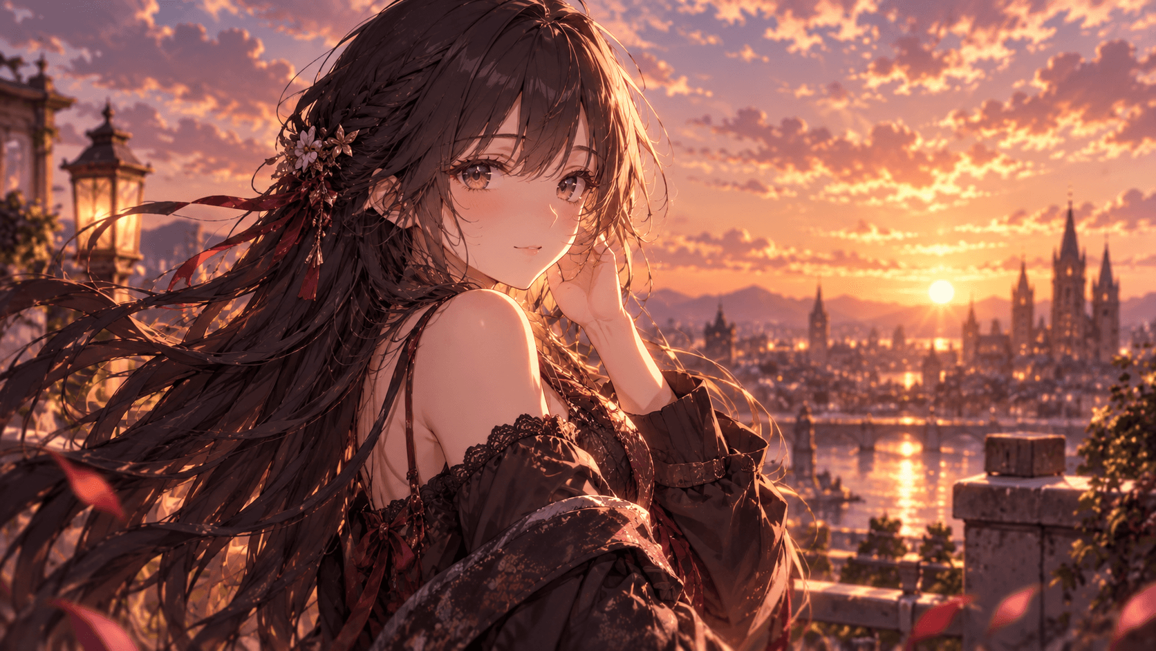 Anime character creator example of a dark-haired character at sunset