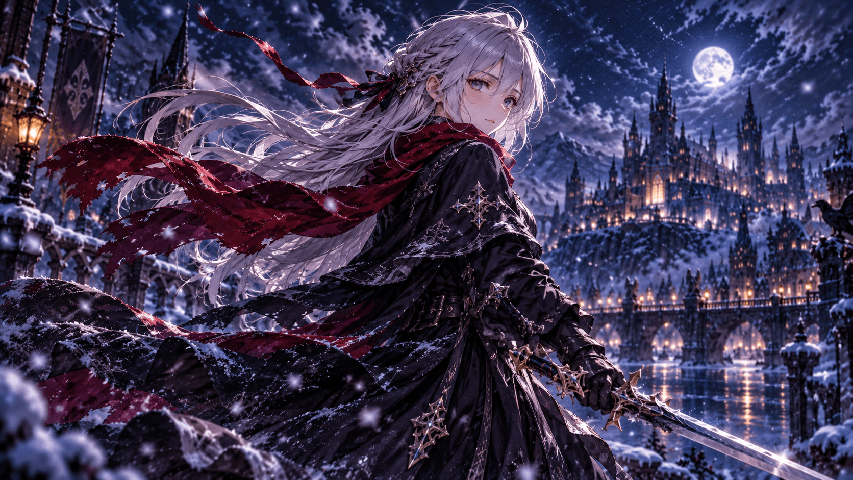 Updated anime character in heavier snow with a red scarf