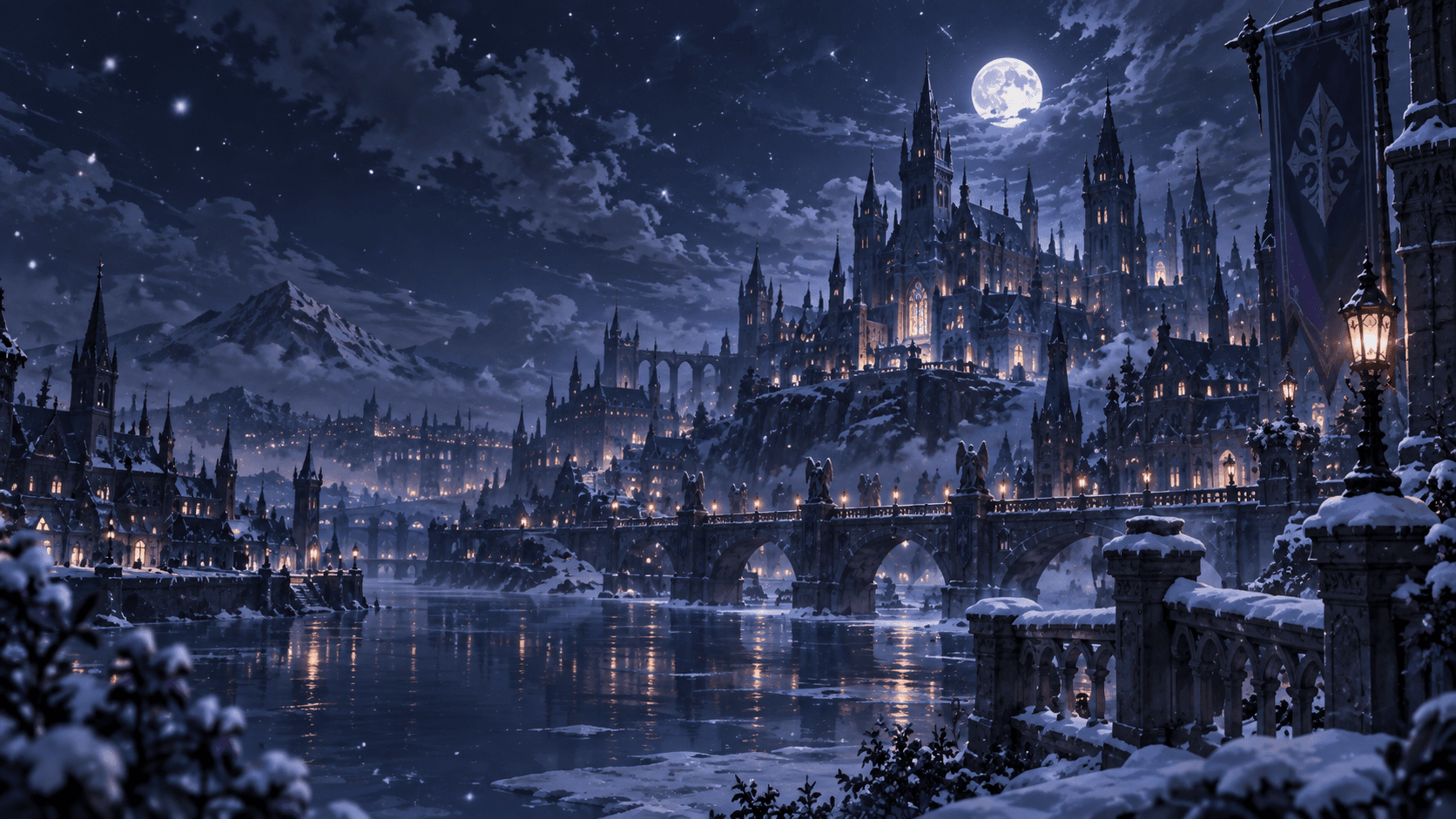 Snowy fantasy anime city